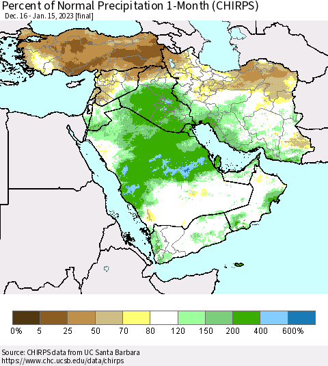 Middle East and Turkey Percent of Normal Precipitation 1-Month (CHIRPS) Thematic Map For 12/16/2022 - 1/15/2023