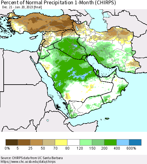 Middle East and Turkey Percent of Normal Precipitation 1-Month (CHIRPS) Thematic Map For 12/21/2022 - 1/20/2023