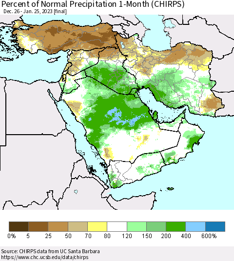 Middle East and Turkey Percent of Normal Precipitation 1-Month (CHIRPS) Thematic Map For 12/26/2022 - 1/25/2023