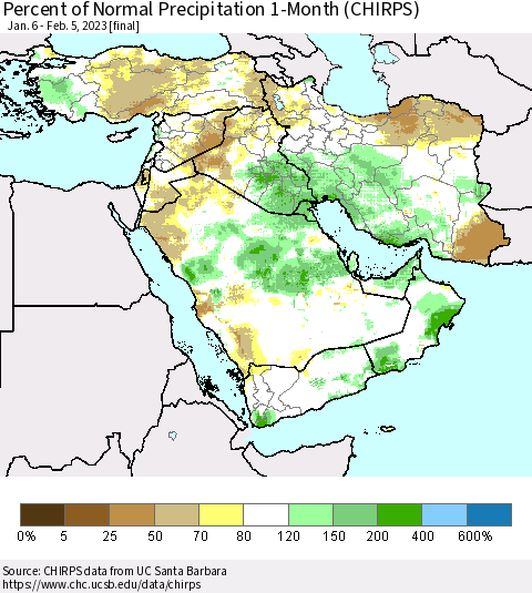 Middle East and Turkey Percent of Normal Precipitation 1-Month (CHIRPS) Thematic Map For 1/6/2023 - 2/5/2023
