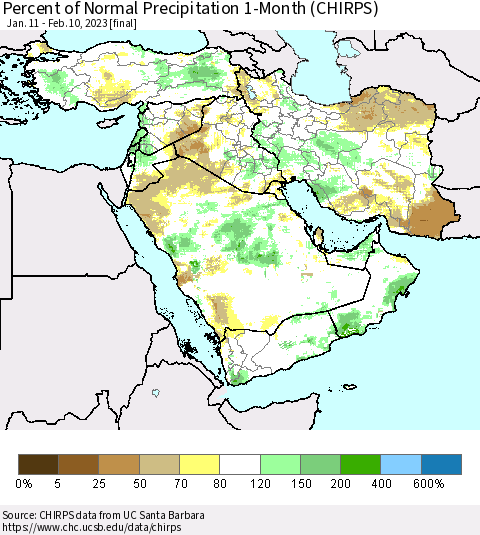 Middle East and Turkey Percent of Normal Precipitation 1-Month (CHIRPS) Thematic Map For 1/11/2023 - 2/10/2023
