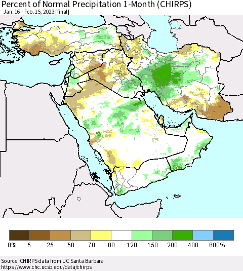 Middle East and Turkey Percent of Normal Precipitation 1-Month (CHIRPS) Thematic Map For 1/16/2023 - 2/15/2023