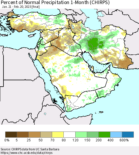 Middle East and Turkey Percent of Normal Precipitation 1-Month (CHIRPS) Thematic Map For 1/21/2023 - 2/20/2023