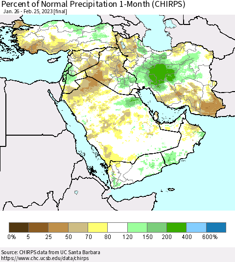 Middle East and Turkey Percent of Normal Precipitation 1-Month (CHIRPS) Thematic Map For 1/26/2023 - 2/25/2023