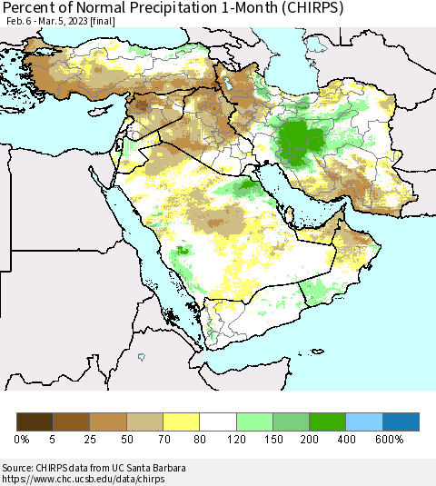 Middle East and Turkey Percent of Normal Precipitation 1-Month (CHIRPS) Thematic Map For 2/6/2023 - 3/5/2023