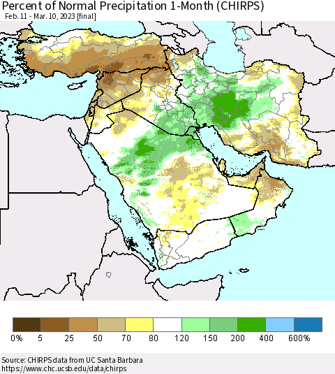 Middle East and Turkey Percent of Normal Precipitation 1-Month (CHIRPS) Thematic Map For 2/11/2023 - 3/10/2023