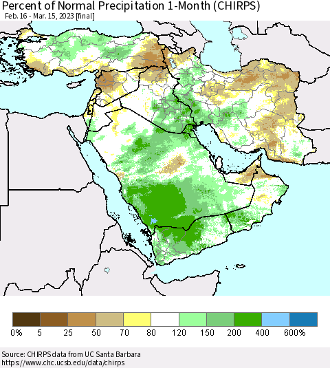 Middle East and Turkey Percent of Normal Precipitation 1-Month (CHIRPS) Thematic Map For 2/16/2023 - 3/15/2023