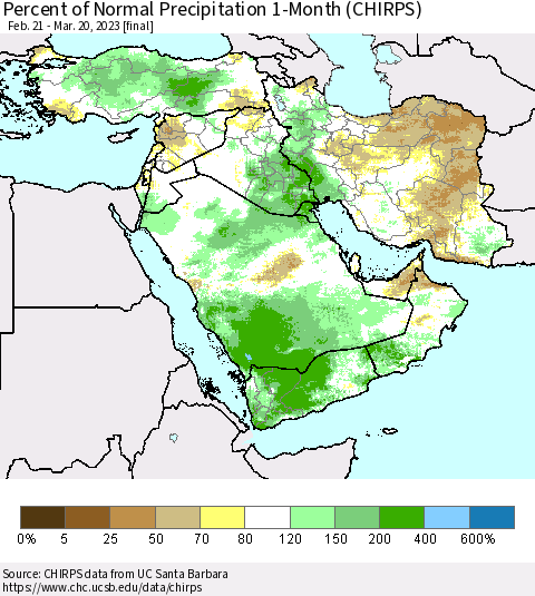 Middle East and Turkey Percent of Normal Precipitation 1-Month (CHIRPS) Thematic Map For 2/21/2023 - 3/20/2023