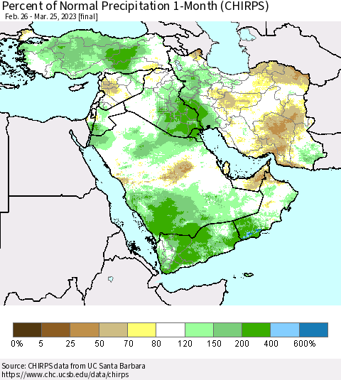 Middle East and Turkey Percent of Normal Precipitation 1-Month (CHIRPS) Thematic Map For 2/26/2023 - 3/25/2023