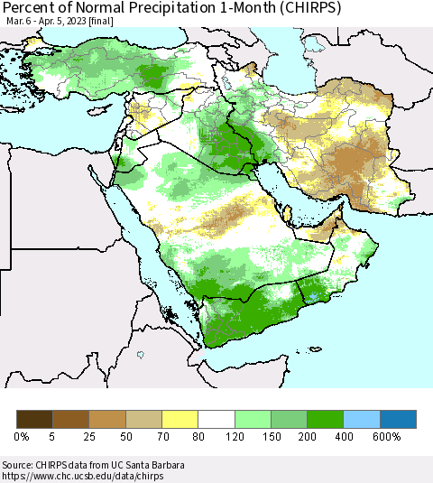 Middle East and Turkey Percent of Normal Precipitation 1-Month (CHIRPS) Thematic Map For 3/6/2023 - 4/5/2023