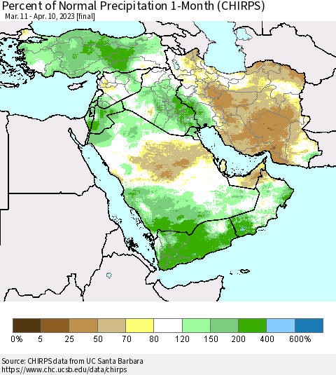 Middle East and Turkey Percent of Normal Precipitation 1-Month (CHIRPS) Thematic Map For 3/11/2023 - 4/10/2023