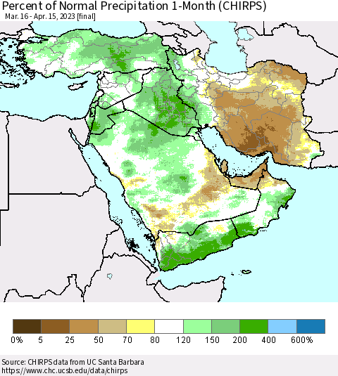 Middle East and Turkey Percent of Normal Precipitation 1-Month (CHIRPS) Thematic Map For 3/16/2023 - 4/15/2023