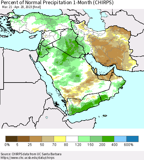 Middle East and Turkey Percent of Normal Precipitation 1-Month (CHIRPS) Thematic Map For 3/21/2023 - 4/20/2023