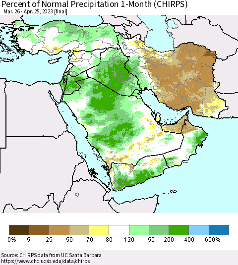 Middle East and Turkey Percent of Normal Precipitation 1-Month (CHIRPS) Thematic Map For 3/26/2023 - 4/25/2023