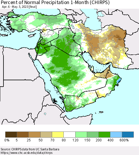 Middle East and Turkey Percent of Normal Precipitation 1-Month (CHIRPS) Thematic Map For 4/6/2023 - 5/5/2023