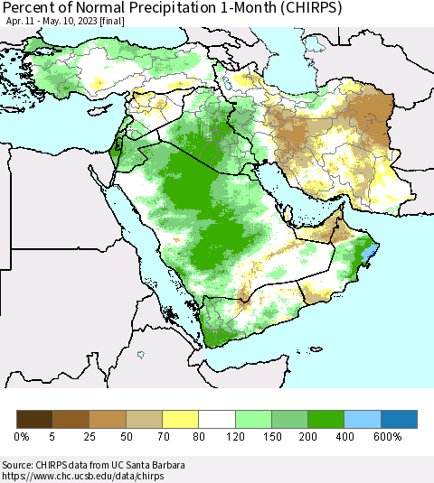 Middle East and Turkey Percent of Normal Precipitation 1-Month (CHIRPS) Thematic Map For 4/11/2023 - 5/10/2023