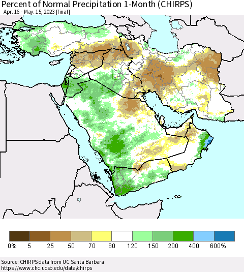 Middle East and Turkey Percent of Normal Precipitation 1-Month (CHIRPS) Thematic Map For 4/16/2023 - 5/15/2023