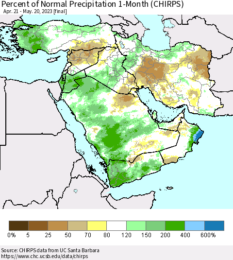 Middle East and Turkey Percent of Normal Precipitation 1-Month (CHIRPS) Thematic Map For 4/21/2023 - 5/20/2023