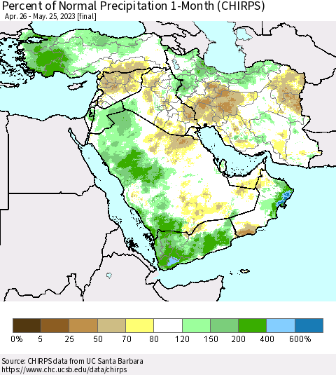 Middle East and Turkey Percent of Normal Precipitation 1-Month (CHIRPS) Thematic Map For 4/26/2023 - 5/25/2023