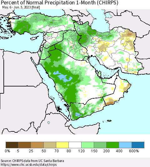 Middle East and Turkey Percent of Normal Precipitation 1-Month (CHIRPS) Thematic Map For 5/6/2023 - 6/5/2023
