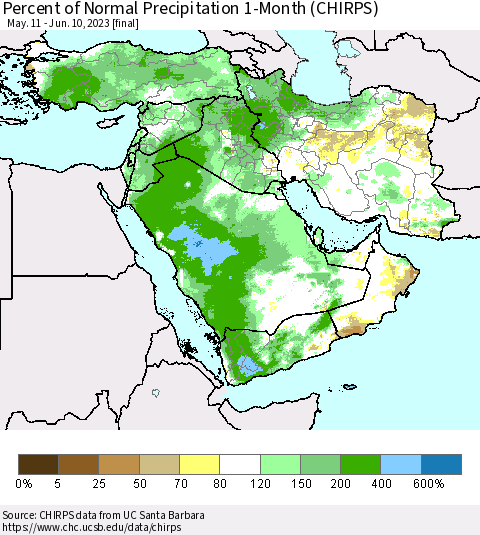 Middle East and Turkey Percent of Normal Precipitation 1-Month (CHIRPS) Thematic Map For 5/11/2023 - 6/10/2023
