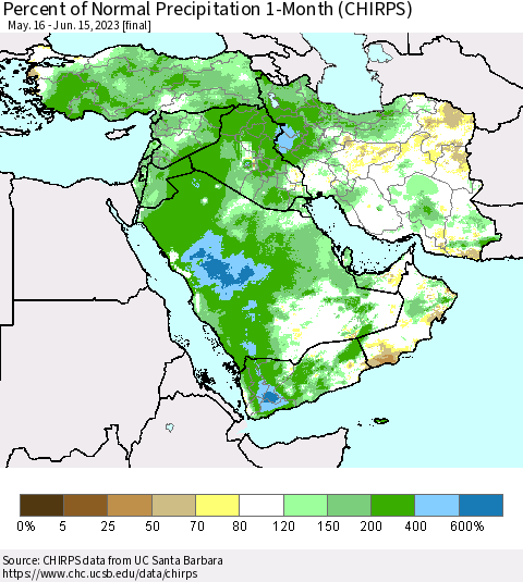 Middle East and Turkey Percent of Normal Precipitation 1-Month (CHIRPS) Thematic Map For 5/16/2023 - 6/15/2023