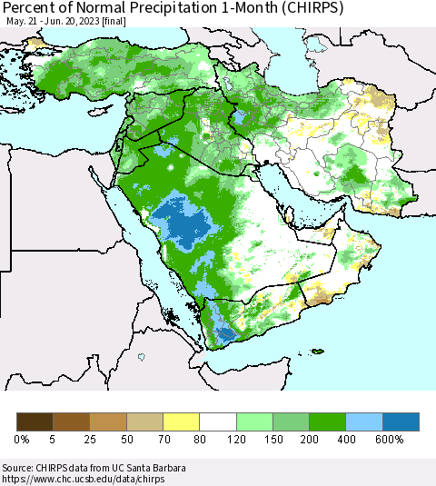 Middle East and Turkey Percent of Normal Precipitation 1-Month (CHIRPS) Thematic Map For 5/21/2023 - 6/20/2023