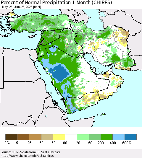 Middle East and Turkey Percent of Normal Precipitation 1-Month (CHIRPS) Thematic Map For 5/26/2023 - 6/25/2023