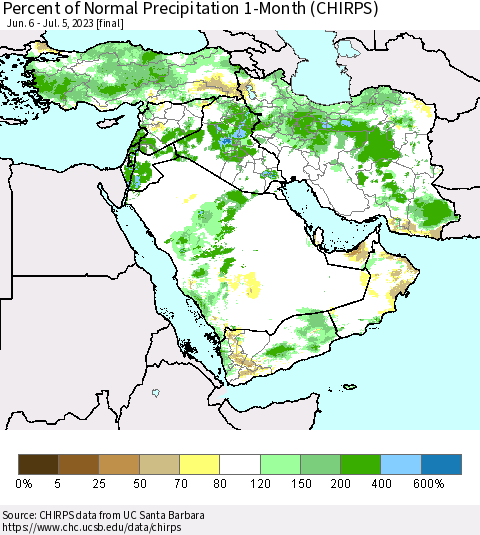 Middle East and Turkey Percent of Normal Precipitation 1-Month (CHIRPS) Thematic Map For 6/6/2023 - 7/5/2023