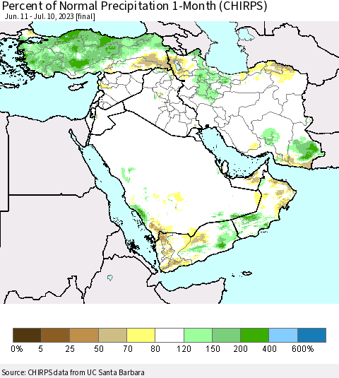 Middle East and Turkey Percent of Normal Precipitation 1-Month (CHIRPS) Thematic Map For 6/11/2023 - 7/10/2023