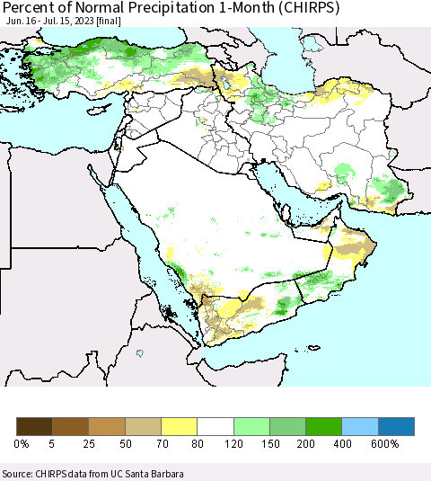 Middle East and Turkey Percent of Normal Precipitation 1-Month (CHIRPS) Thematic Map For 6/16/2023 - 7/15/2023