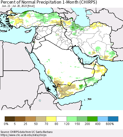 Middle East and Turkey Percent of Normal Precipitation 1-Month (CHIRPS) Thematic Map For 6/21/2023 - 7/20/2023