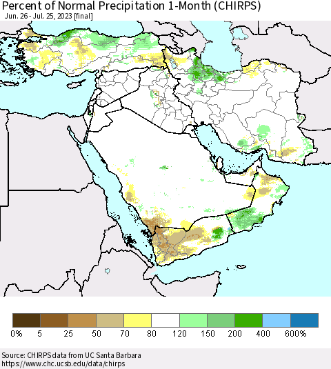 Middle East and Turkey Percent of Normal Precipitation 1-Month (CHIRPS) Thematic Map For 6/26/2023 - 7/25/2023