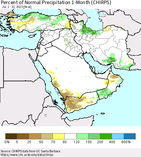 Middle East and Turkey Percent of Normal Precipitation 1-Month (CHIRPS) Thematic Map For 7/1/2023 - 7/31/2023