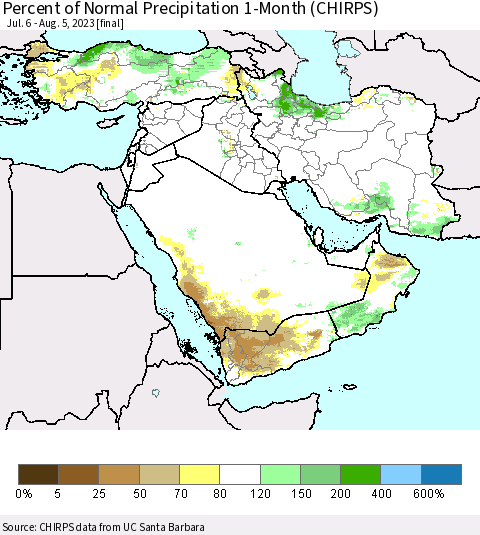 Middle East and Turkey Percent of Normal Precipitation 1-Month (CHIRPS) Thematic Map For 7/6/2023 - 8/5/2023