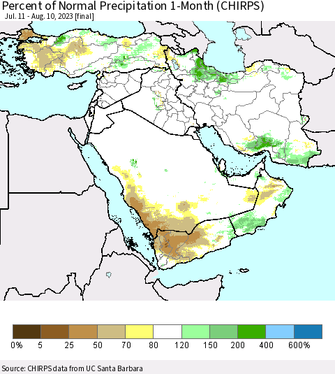 Middle East and Turkey Percent of Normal Precipitation 1-Month (CHIRPS) Thematic Map For 7/11/2023 - 8/10/2023