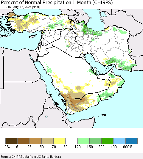 Middle East and Turkey Percent of Normal Precipitation 1-Month (CHIRPS) Thematic Map For 7/16/2023 - 8/15/2023