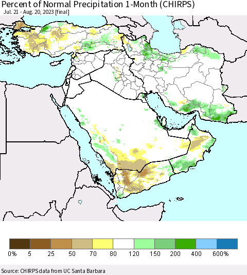 Middle East and Turkey Percent of Normal Precipitation 1-Month (CHIRPS) Thematic Map For 7/21/2023 - 8/20/2023