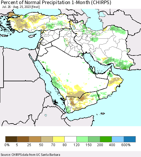 Middle East and Turkey Percent of Normal Precipitation 1-Month (CHIRPS) Thematic Map For 7/26/2023 - 8/25/2023