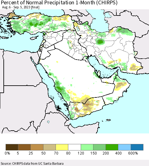 Middle East and Turkey Percent of Normal Precipitation 1-Month (CHIRPS) Thematic Map For 8/6/2023 - 9/5/2023