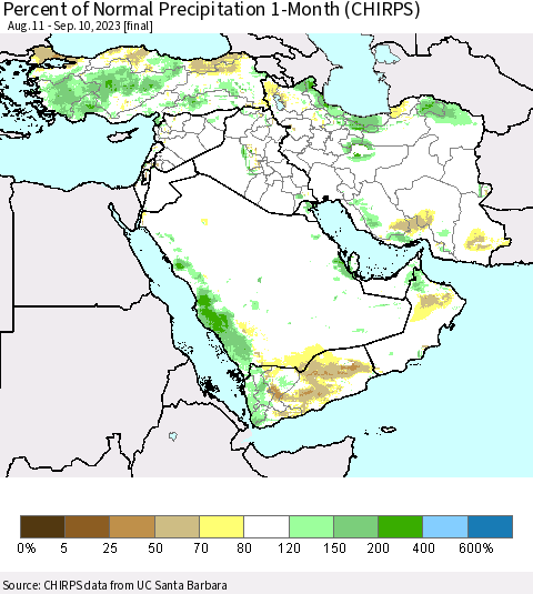 Middle East and Turkey Percent of Normal Precipitation 1-Month (CHIRPS) Thematic Map For 8/11/2023 - 9/10/2023