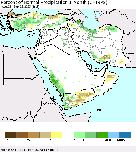 Middle East and Turkey Percent of Normal Precipitation 1-Month (CHIRPS) Thematic Map For 8/16/2023 - 9/15/2023