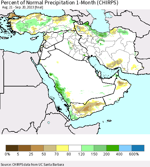 Middle East and Turkey Percent of Normal Precipitation 1-Month (CHIRPS) Thematic Map For 8/21/2023 - 9/20/2023
