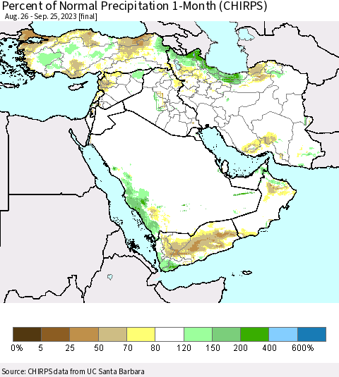 Middle East and Turkey Percent of Normal Precipitation 1-Month (CHIRPS) Thematic Map For 8/26/2023 - 9/25/2023