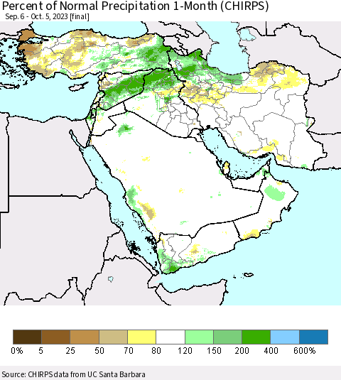 Middle East and Turkey Percent of Normal Precipitation 1-Month (CHIRPS) Thematic Map For 9/6/2023 - 10/5/2023