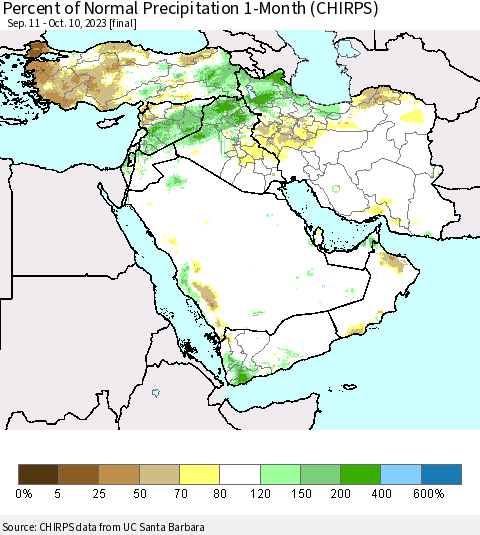 Middle East and Turkey Percent of Normal Precipitation 1-Month (CHIRPS) Thematic Map For 9/11/2023 - 10/10/2023