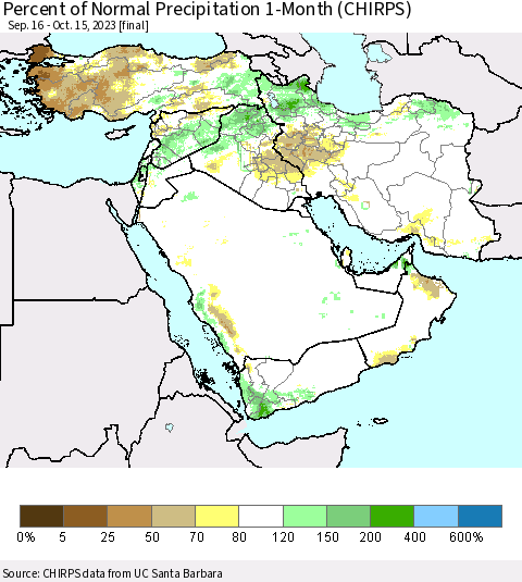 Middle East and Turkey Percent of Normal Precipitation 1-Month (CHIRPS) Thematic Map For 9/16/2023 - 10/15/2023