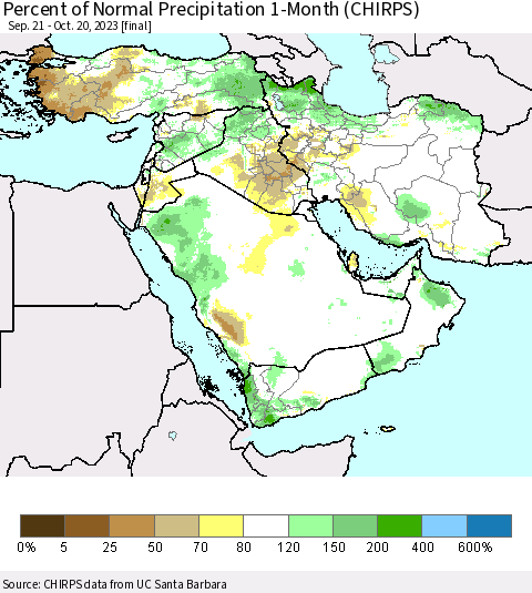 Middle East and Turkey Percent of Normal Precipitation 1-Month (CHIRPS) Thematic Map For 9/21/2023 - 10/20/2023