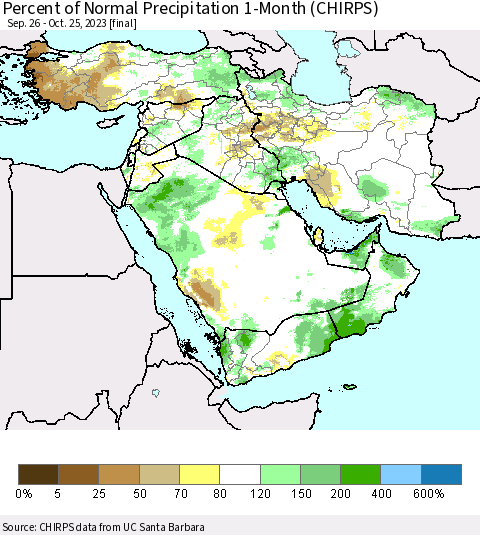 Middle East and Turkey Percent of Normal Precipitation 1-Month (CHIRPS) Thematic Map For 9/26/2023 - 10/25/2023