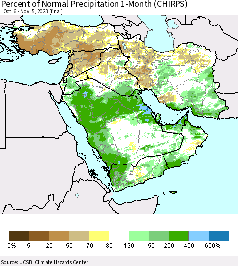 Middle East and Turkey Percent of Normal Precipitation 1-Month (CHIRPS) Thematic Map For 10/6/2023 - 11/5/2023